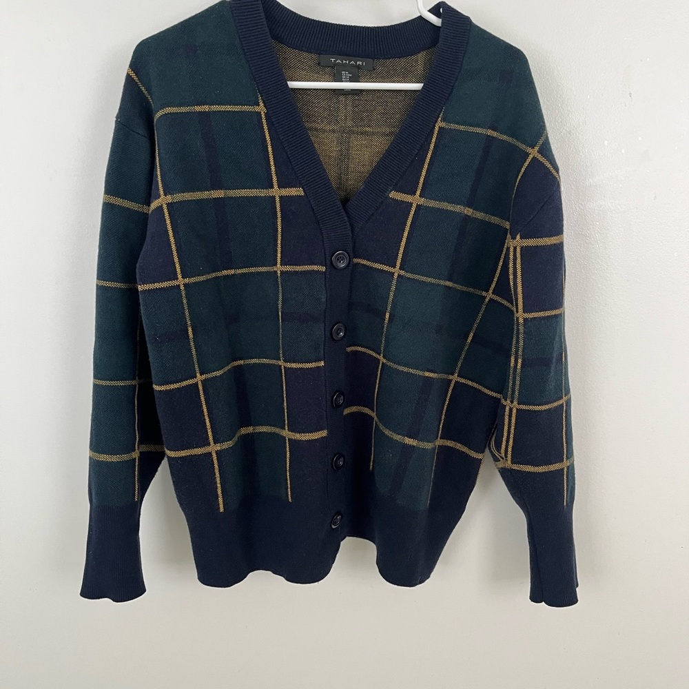 Tahari Green and Navy Plaid V-Neck Button-Up Oversize Sweater